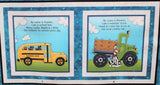 Rectangle panel within panel swatch (yellow school bus with black and brown dogs, green monster truck and black/white spotted dog)