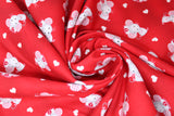 Swirled swatch miss mousey fabric (red/dark red marbled look fabric with tossed white hearts and grey cartoon mice with pink gingham ears and white nurses hats)