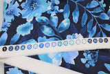 Raw hem swatch blue floral printed fabric in floral watercolour (light and dark blue floral on navy)