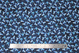 Flat swatch blue floral printed fabric in hummingbirds (light blue tiny hummingbirds tiled on dark blue)