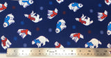 Flat swatch cartoon polar bears in scarves fabric in navy (navy fabric with tossed cartoon white polar bears in blue or red scarves and tossed red, white, blue snowflakes)