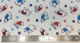 Flat swatch cartoon polar bears in scarves fabric in white (white fabric with tossed cartoon white polar bears in blue or red scarves and tossed red, blue and navy snowflakes)