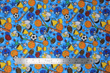 Flat swatch sports printed flannel (blue fabric with light blue stars and tossed sports equipment in full colour, basketballs, soccer balls, wooden baseball bats, footballs, bowling balls and pins, gold trophy's, etc. with blue, red, orange, and green tossed stars)
