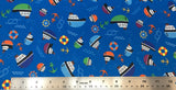Flat swatch cartoon nautical printed fabric in teal (bright medium blue fabric with small tossed cartoon nautical emblems in full colour: boats, anchors, helms, knots, waves, life preservers)