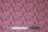 Flat swatch pony toss fabric (bubblegum pink fabric with small tossed cartoon pony heads with text beneath "Oh, hi!" "Lit!" "Slay" etc.)