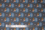 Flat swatch french fries fabric (grey fabric with small circular badges reading "extra fries!" and showing mr. potato head holding a small carton of fries)