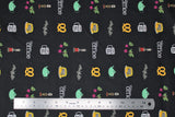 Flat swatch The Office licensed printed fabric (office memorabilia emblems: mug, pretzel, flowers, teapot, beets, etc. tiny logos on black)