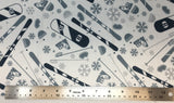 Flat swatch cartoon ski equipment printed fabric in grey (white fabric with tossed grey cartoon ski gear goggles, hats, skis, snowboards, boots, snowflakes, etc. all in grey)