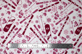 Flat swatch snow sports fabric in pink (white fabric with tossed snow sports emblems in pink colour: skis, snowboards, goggles, hats, snowflakes, poles, boots)