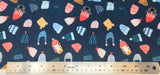 Flat swatch cartoon touques and animal heads printed fabric in blue (dark blue fabric with tossed cartoon toque winter hats in various colours and designs, and tossed cartoon/drawn animal heads koala, zebra, lion)