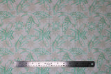 Flat swatch Sun Print Luminance Flourish: Birds & Bugs fabric (white fabric with faint pink badge look stars allover and thin green outline drawings of birds and insects allover with tossed outline stars)