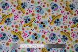 Flat swatch Skull Sombrero White fabric (white fabric with tossed brightly coloured sugar skull heads, some in sombreros with tossed floral and maracas in various colours)