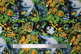 Flat swatch A Rare Occasion fabric (busy full colour animal collage: jungle greenery and elephants, zebras, birds, monkeys, tigers, etc.)