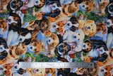 Flat swatch Garden Puppies fabric (busy collaged full colour puppies in various breeds allover with spring floral)