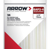 A package of Arrow brand all purpose glue sticks.  "24 ALL PURPOSE GLUE", "BAP5-4 GLUE STICKS, 1/2" 12mm".  White label with red accents.