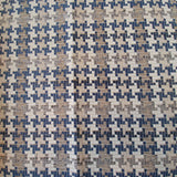 Square swatch thick textured upholstery fabric with pixelated gingham design in beige and blue shades