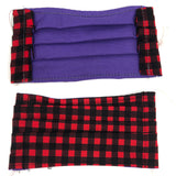 Front and back view of mask with white elastic ear loops (small red and black buffalo check plaid)