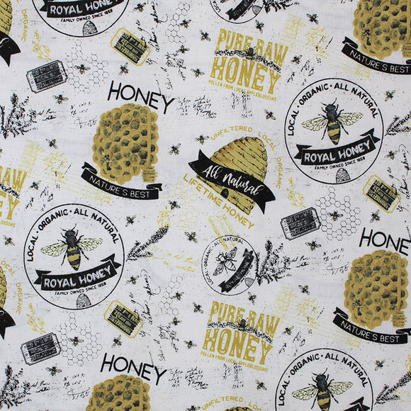 Square swatch bee's life fabric (white fabric with tossed assorted honey bee emblems and text, hives, bees, honeycombs, 