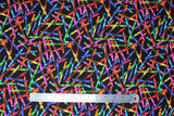 Flat swatch crayons fabric (black fabric with tossed crayons in all colours of rainbow allover)