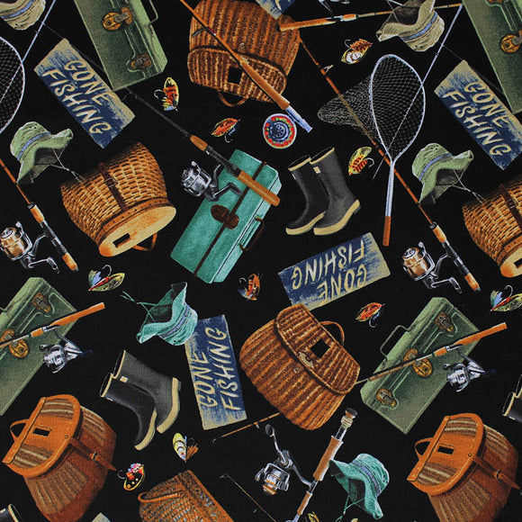 Square swatch Fishing Gear fabric (black fabric with tossed fishing gear elements in full colour: wicker baskets, nets, black boots, green hats, assorted lures, green toolboxes, blue 