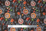 Flat swatch morning latte fabric (black fabric with tossed coffee-related text allover "fresh brew" "morning joe" etc. and tossed top view coffee mugs and saucers, pumpkins, leaves, etc. fall themed coffee print)