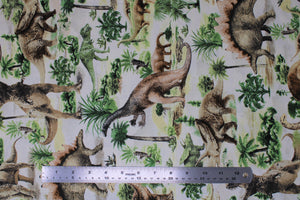 Square swatch Allover Dinosaurs fabric (white fabric with illustrative look dinosaurs and trees allover in green, and brown shades)
