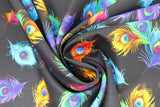 Swirled swatch tossed feathers fabric (black fabric with tossed small peacock feathers in blue, purple. orange, green, yellow)