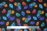 Flat swatch tossed feathers fabric (black fabric with tossed small peacock feathers in blue, purple. orange, green, yellow)