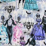 Square swatch Victorian Skeletons Dancing fabric (white fabric with grey sketch style victorian home interior, with fancy skeletons in party attire: suits and dresses in purple, green, pink with spider webs, chandeliers, etc.)