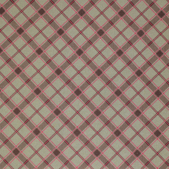 Square swatch rustic plaid fabric (tan fabric with diagonal plaid stripe lines in brown and pink)