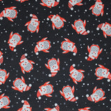Square swatch snowy owls fabric (black fabric with small tossed cartoon owls in grey and red allover with red fabric santa hats on in various fabrics and tossed snowflakes)