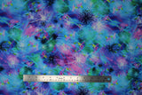 Flat swatch Ethereal Dandelions fabric (blues, greens and purples toned fabric with dandelions allover in various colours)