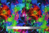 Flat swatch Space fabric (multi coloured galaxy print fabric with bright white stars and circular planets in purple, blue, green etc)