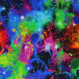 Square swatch Space fabric (multi coloured galaxy print fabric with bright white stars and circular planets in purple, blue, green etc)