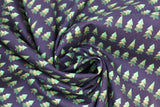 Swirled swatch Trees fabric (black fabric with lined of small green drawn style trees with brown trunks)