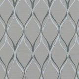Upholstery swatch featuring a light silver ogee line pattern with a dark grey offset shadow over a mid-silver background