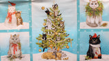 Full panel swatch - Holly Jolly Christmas Kitty Panel - 24"x 45" (rectangular panel with 2 squares on either side with Christmas themed kitties within and large Christmas tree rectangular patch in middle with kitties climbing allover, blue borders with white snowfllakes)