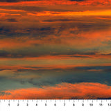 Group swatch autumn themed printed fabric in Autumn Sky Panel (orange and blue sunset sky)