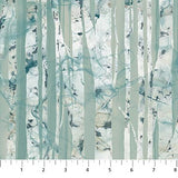 Swatch of blue birch trees fabric (white fabric with abstract shape blue birch trees and blue flecks)