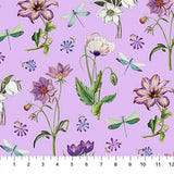 Square swatch Mid-Size Open Fleur fabric (light purple fabric with tossed floral and stems in white, pink and purple shades, tossed blue and green dragonflies)