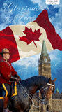Square swatch Oh Canada themed printed fabric in Glorious Panel (Ottawa, Mountie on horse, blue sky, Canada flag, "Glorious & Free" text)