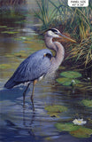 Full panel swatch - Blue Heron Panel (43" x 28") (large blue heron bird in shallow water pond with waterlilies, lily pads, and tall blades of grass)