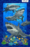 Full panel swatch - Shark Attack Panel (67" x 43") (dark blue outline with light blue rectangle within showing water texture, 5 grey sharks, small colourful sea life scene on bottom)