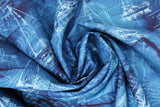 Swirled swatch sailboat drawing indigo fabric (dark blues marbled look water fabric with white silhouettes of sailboats allover)