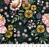 Square swatch Dark Floral Mix fabric (black and green shadowed look fabric with busy tossed illustrative floral allover in light colours with tossed bees)