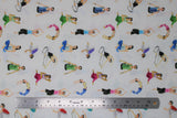 Flat swatch yoga pose fabric (white fabric with tossed small painted look women in stretchy yoga poses and different outfits blue, pink, green, purple)