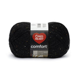 Ball of Red Heart Comfort (Fleck) in black fleck (black yarn with multi-coloured flecks and metallic sheen)