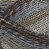 Swatch of Red Heart Gemstone yarn in diamond (pale neutrals with twists: grey, beige, green and blue faded colourway)