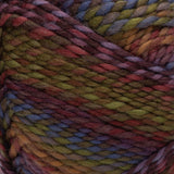 Swatch of Red Heart Gemstone yarn in shade agate (faded dark twists: olive, purples, blue colourway)