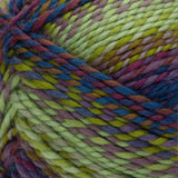 Swatch of Red Heart Gemstone yarn in shade peridot (faded light green, medium purples, deep blue colourway with twists)